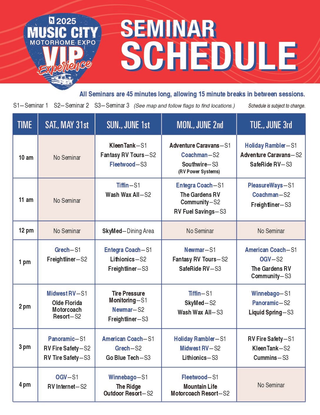 Music City Motorhome Expo VIP Experience Seminar Schedule