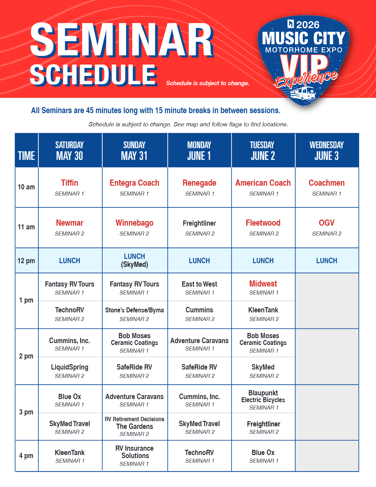 Music City Motorhome Expo VIP Experience Seminar Schedule